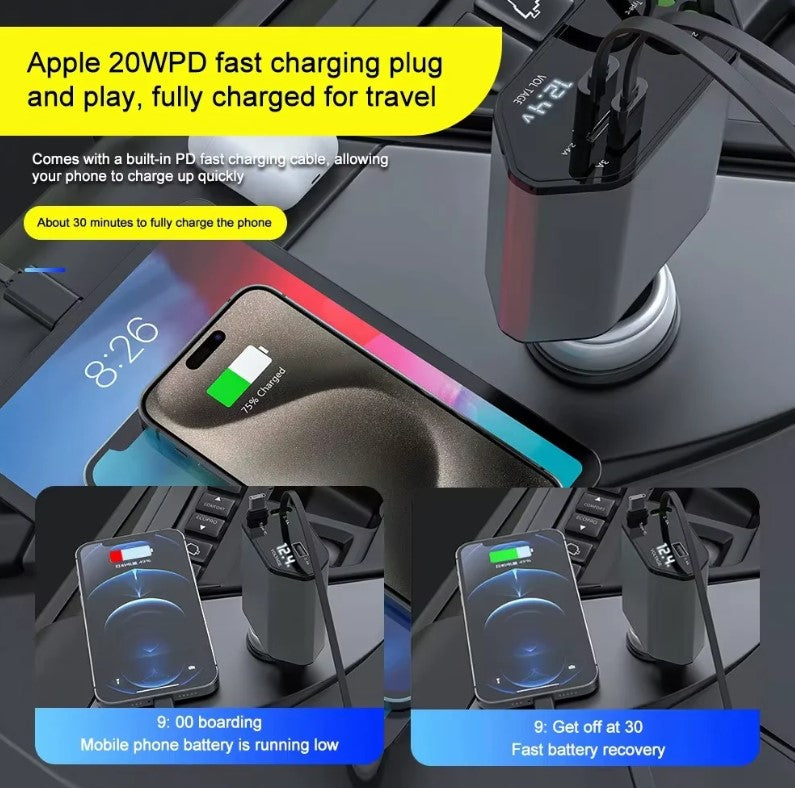 Voltrush™ 4-In-1 Retractable Car Charger – Fast Power, Zero Clutter